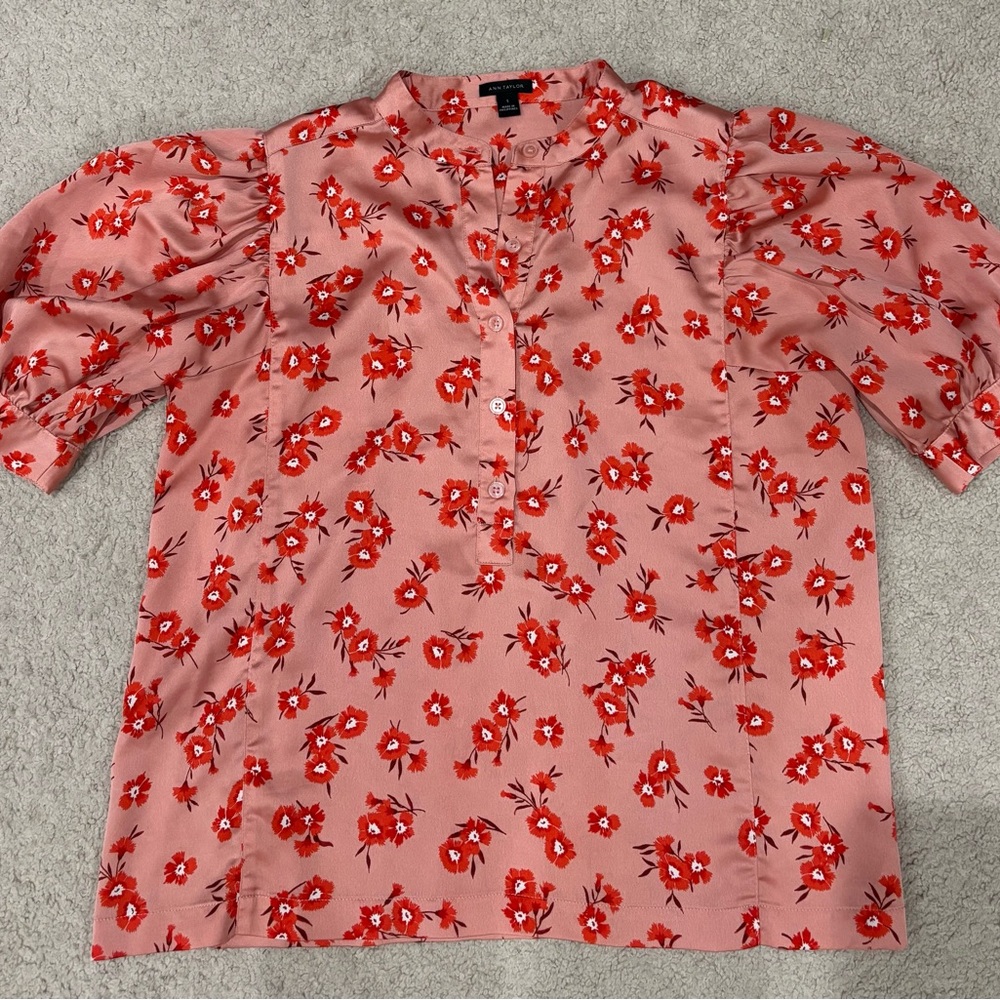 Ann Taylor Pink Puff Sleeve Blouse with Mandarin Collar